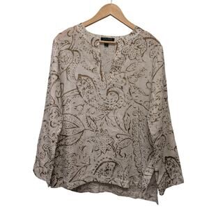Lauren Ralph Lauren Linen Tunic Shirt White Floral Paisley Print V-Neck Boho